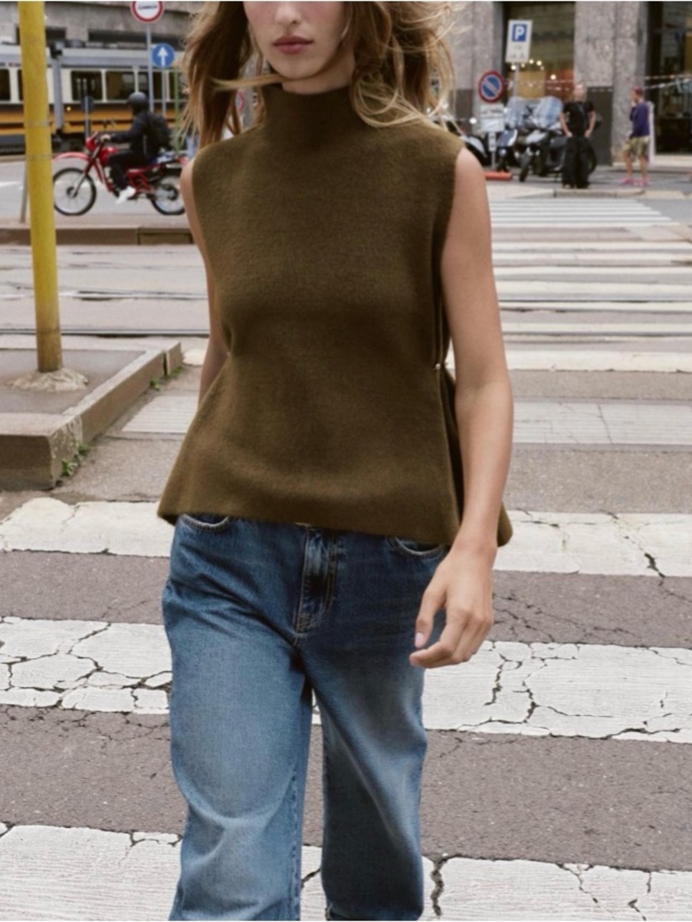Zara Sleeveless Mock Neck Knit Top in Olive